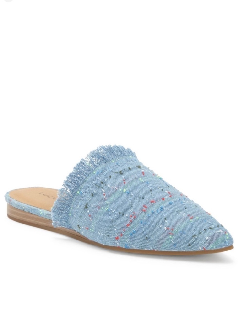 LUCKY BRAND “Bapsee” Blue Denim Fringe Mule Flat Slides